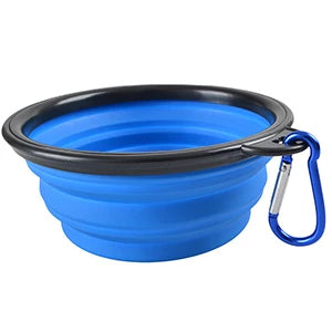 Blue collapsible pet bowl with black rim and carabiner - Meowrine Blue - JBCoolCats