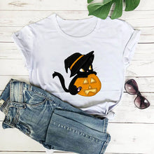 Load image into Gallery viewer, Fun Halloween Cat &amp; Pumpkin T-Shirts - Witch Hat  Cat and Pumpkin White - JBCoolCats