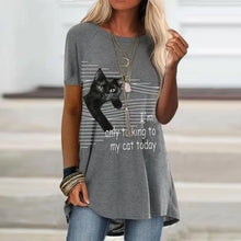 Load image into Gallery viewer, Woman wearing a gray t-shirt with a cat graphic and text, Cat Chat Mood Tee - Clothing - JBCoolCats