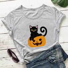 Load image into Gallery viewer, Fun Halloween Cat &amp; Pumpkin T-Shirts - Happy Cat and Pumpkin Gray - JBCoolCats