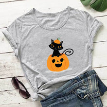 Load image into Gallery viewer, Fun Halloween Cat &amp; Pumpkin T-Shirts - Cat in the Pumpkin White  - JBCoolCats