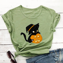 Load image into Gallery viewer, Fun Halloween Cat &amp; Pumpkin T-Shirts - Witch Hat  Cat and Pumpkin Olive - JBCoolCats