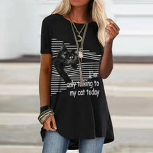 Load image into Gallery viewer, Woman wearing a black t-shirt with a cat graphic and text, Cat Chat Mood Tee - •	Black Cat Energy - JBCoolCats