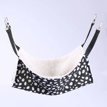 Load image into Gallery viewer, Pet hammock with black and white polka dot pattern and white sherpa lining  -The Purr‑fect Hangout Pet Hammock – Features  - JBCoolCats