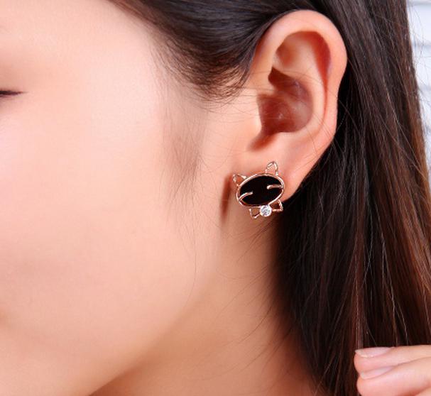 Vintage Black Smile Cat Stud Earrings - View Wearing - JBCoolCats