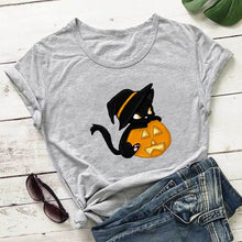 Load image into Gallery viewer, Fun Halloween Cat &amp; Pumpkin T-Shirts - Witch Hat  Cat and Pumpkin Gray - JBCoolCats