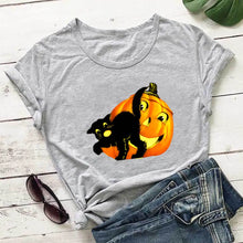 Load image into Gallery viewer, Fun Halloween Cat &amp; Pumpkin T-Shirts - Scary Cat and Pumpkin Gray - JBCoolCats