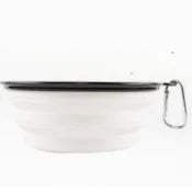 Load image into Gallery viewer, Collapsible White pet bowl with black rim and white carabiner - Snowball Whisper - JBCoolCats