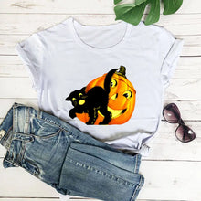 Load image into Gallery viewer, Fun Halloween Cat &amp; Pumpkin T-Shirts - Scary Cat and Pumpkin White  - JBCoolCats