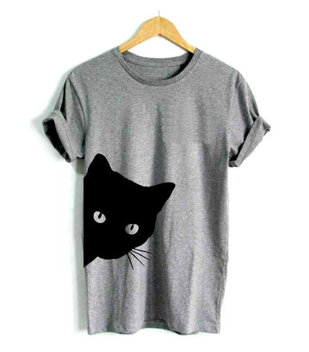 Gray t-shirt with a black peeking  cat graphic Casual Funny Cat T-Shirt - Clothing - JBCoolCats