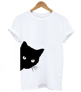 White t-shirt with a t-shirt with a Black cat face peeking  cat graphic Casual Funny Cat T-Shirt - White - JBCoolCats