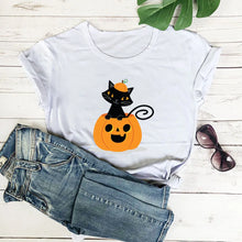 Load image into Gallery viewer, Fun Halloween Cat &amp; Pumpkin T-Shirts - Cat in the Pumpkin White - JBCoolCats