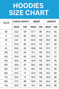 Hoodies size chart with measurements in inches and centimeters - Peeking Cat 3D Hoodie - JBCoolCats