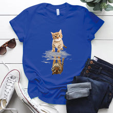 Load image into Gallery viewer, Blue t-shirt with a cat and tiger reflection design, Tiger Reflection Graphic T-Shirts -  JBCoolCats