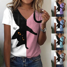 Load image into Gallery viewer, Woman wearing a two-tone shirt with an upside down black cat design, and shown in different colors - Flip the Cat T-Shirt - Clothing - JBCoolCats