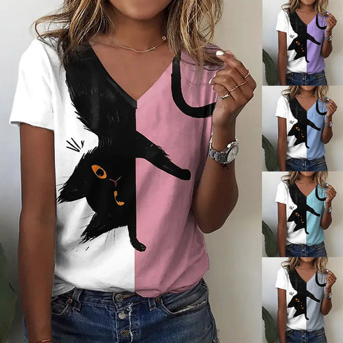 Woman wearing a two-tone shirt with an upside down black cat design, and shown in different colors - Flip the Cat T-Shirt - Clothing - JBCoolCats