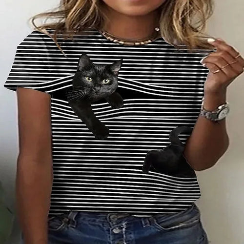 Person wearing a black and white striped t-shirt with a black cat  peeking out graphic. Stripe and Seek: The Curious Cat T-Shirt - Clothing - JBCoolCats