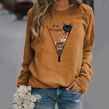 Load image into Gallery viewer, Person wearing a Khaki sweatshirt with cat graphic and text &#39;Ew, People&#39; - Ew People 3-Cat Peekaboo Fleece - Desert Nap - JBCoolCats