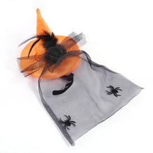 Load image into Gallery viewer, Halloween-themed hat with orange base, black spider decorations, and sheer black fabric with spider designs - JBCoolCats