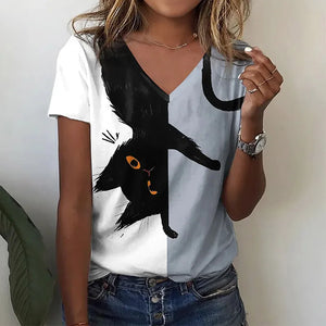 Woman wearing a two-tone shirt with an upside down black cat design - Flip the Cat T-Shirt - Midnight Mischief - JBCoolCats