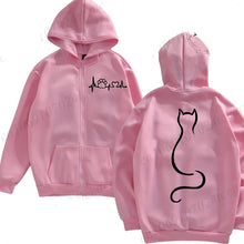 Load image into Gallery viewer, Pink hoodie with a heart rate design on the front and a cat silhouette on the back, Meowgic Lineup Cat Hoodie - Pink Pounce - Whisker Whisper – JBCoolCats