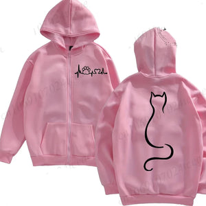 Pink hoodie with a heart rate design on the front and a cat silhouette on the back, Meowgic Lineup Cat Hoodie - Pink Pounce - Whisker Whisper – JBCoolCats