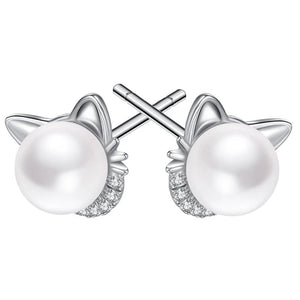 Silver Cat ear-shaped pearl earrings showing stud back - JBCoolCats