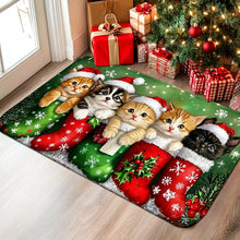 Load image into Gallery viewer, Christmas-themed rug with cats in stockings near a decorated Christmas tree and presents. Paws &amp; Stockings Christmas Cat Mat - Christmas - JBCoolCats