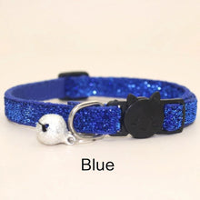 Load image into Gallery viewer, Blue glittery cat collar with black buckle and silver clasp on a beige background Sequin Cat Collar with Bell  - Blue - JBCoolCats