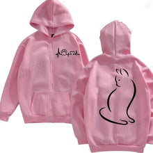 Load image into Gallery viewer, Pink hoodie with a black design on the front and back - Meowgic Lineup Cat Hoodie - Pink Pounce – Tail Talker – JBCoolCats