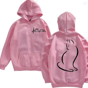 Pink hoodie with a black design on the front and back - Meowgic Lineup Cat Hoodie - Pink Pounce – Tail Talker – JBCoolCats