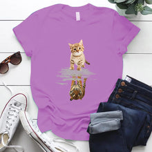 Load image into Gallery viewer, Lavender t-shirt with a cat and tiger reflection design Tiger Reflection Graphic T-Shirts -  JBCoolCats
