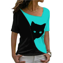 Load image into Gallery viewer, Vibrant Casual Funny Cat T-Shirt - Turquoise &amp; Black - JBCoolCats