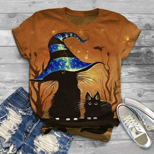 Halloween Cartoon Cats T Shirts - Cats with Witch Hat - JBCoolCats