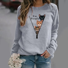 Load image into Gallery viewer, Gray sweatshirt with cat design and text &#39;Ew, people&#39; worn by a person . - Ew People 3-Cat Peekaboo Fleece - Stormy Tail Flick - JBCoolCats