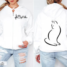 Load image into Gallery viewer, White hoodie with black graphics - Meowgic Lineup Cat Hoodie - Whisker White – Tail Talker – JBCoolCats
