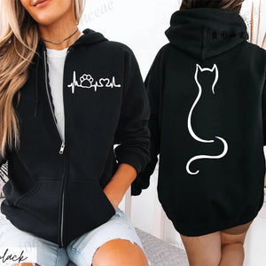 Black hoodie with a heart, paw, and cat design on the front and back - Meowgic Lineup Cat Hoodie - Black Panther - Whisker Whisper – JBCoolCats