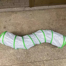 Load image into Gallery viewer, pet play tunnel light Gray material with green straps Slinky Whiskers Cat Tunnel - Cloud Gray - JBCoolCats