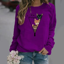 Load image into Gallery viewer, Person wearing a purple sweatshirt with cat graphic and text &#39;Ew, people&#39;.- Ew People 3-Cat Peekaboo Fleece - Royal Purrple - JBCoolCats