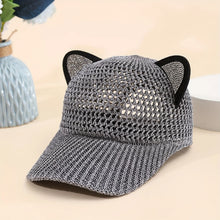 Load image into Gallery viewer, Mesh cat ear baseball caps in gray displayed on a light surface. Purrfect Breeze Cat‑Ear Cap – Coastal Purr Gray - JBCoolCats
