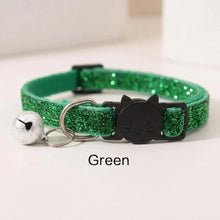 Load image into Gallery viewer, Green glittery cat collar with a bell and black cat-shaped buckle on a white background. Sequin Cat Collar with Bell  - Green - JBCoolCats
