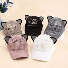 Load image into Gallery viewer, Mesh cat‑ear baseball caps in five colors — pink, white, black, gray, and warm sand. Purrfect Breeze Cat‑Ear Cap - Clothing - JBCoolCats