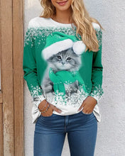 Load image into Gallery viewer, Person wearing a teal festive sweater with a cat  in Santa hat with snowflake trim. Santa Paws Cozy Chic Long Sleeve Shirt - Christmas - JBCoolCats