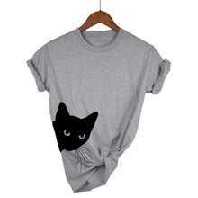 Load image into Gallery viewer, Light Gray t-shirt with a black cat graphic on a hanger against a white background  - JBCoolCats