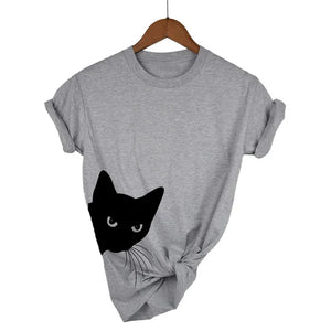 Light Gray t-shirt with a black cat graphic on a hanger against a white background  - JBCoolCats