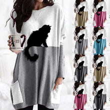 Load image into Gallery viewer, Woman wearing a long-sleeve shirt with a cat design, holding a mug with a similar design, on a white background.  - JBCoolCats