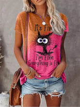 Load image into Gallery viewer, Person wearing a colorful t-shirt with a cat graphic and text. I’m Fine… Totally Feline Tee - Clothing - JBCoolCats