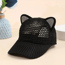 Load image into Gallery viewer, Mesh cat ear baseball caps in black displayed on a light surface. Purrfect Breeze Cat‑Ear Cap – Midnight Meow Black - JBCoolCats