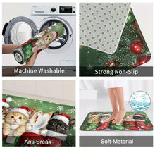 Load image into Gallery viewer, Collage of a Christmas-themed bath mat with features like machine washability, non-slip backing, and soft material. Paws &amp; Stockings Christmas Cat Mat - More Features - JBCoolCats