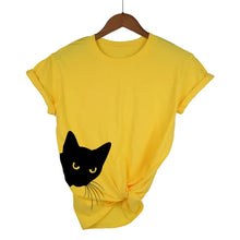 Load image into Gallery viewer, Yellow t-shirt with a black cat graphic on a hanger against a white background  - JBCoolCats